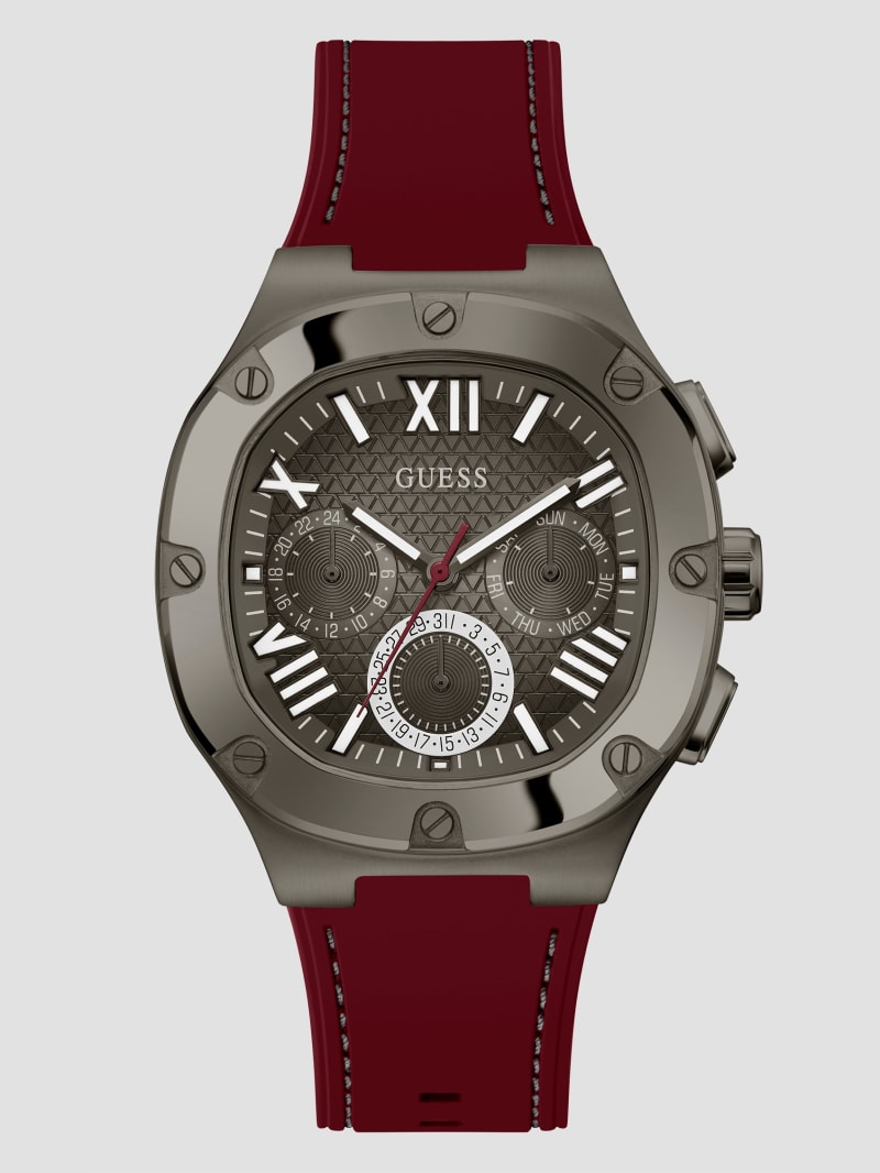 Dark Silver-Tone and Burgundy Silicone Multifunction Watch