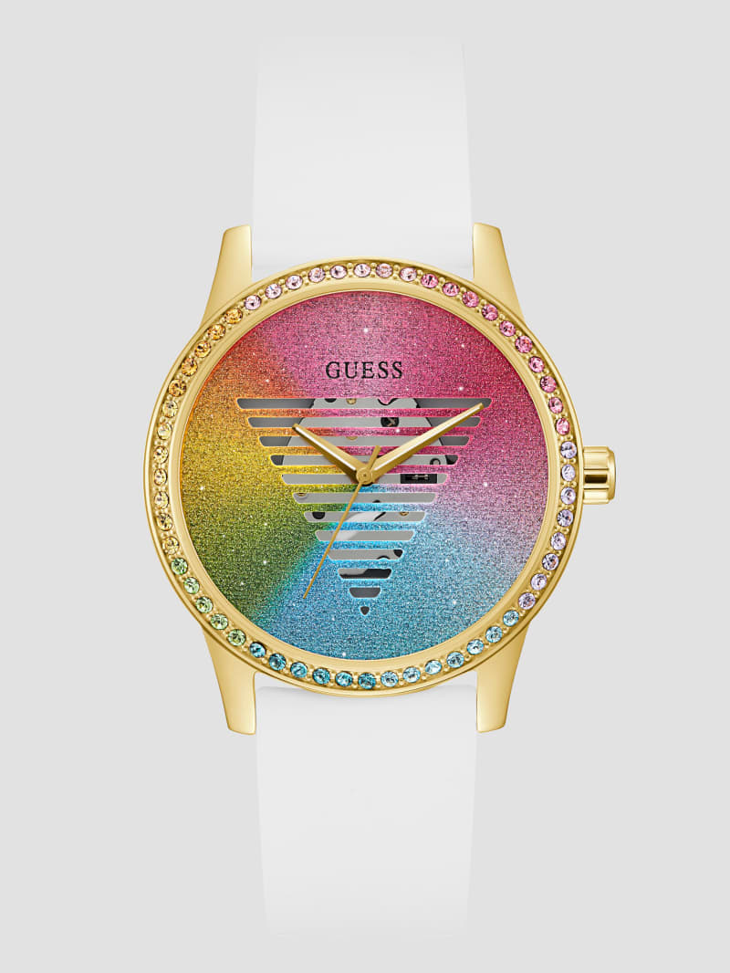 Rainbow Glitter Paper and Crystal Gold-Tone Analog Watch