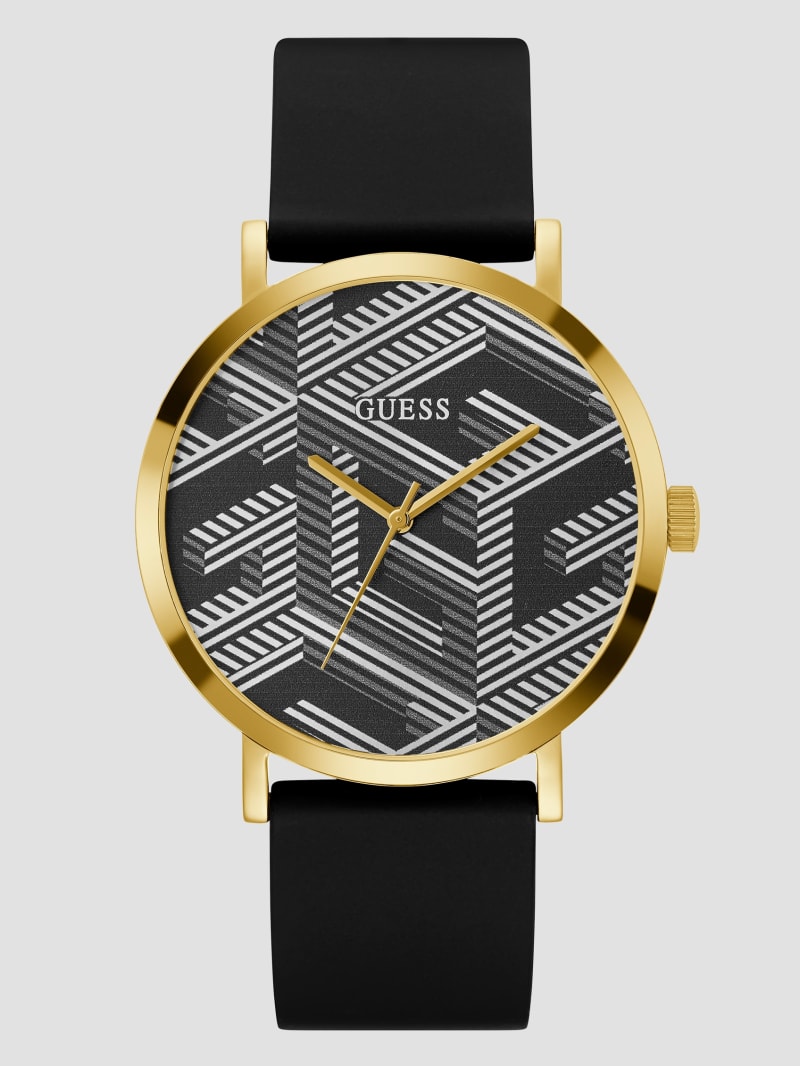 Gold-Tone and Black Printed G-Cube Analog Watch