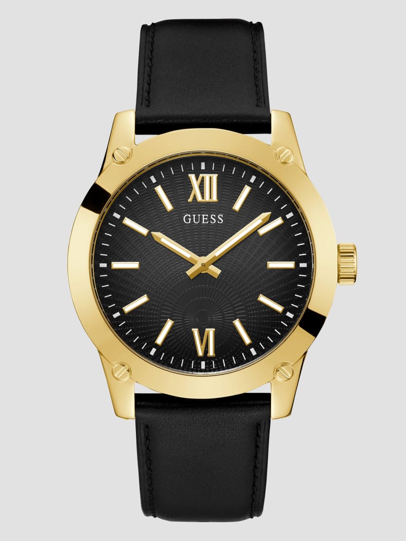 Gold Tone and Black Leather Analog Watch GUESS Canada
