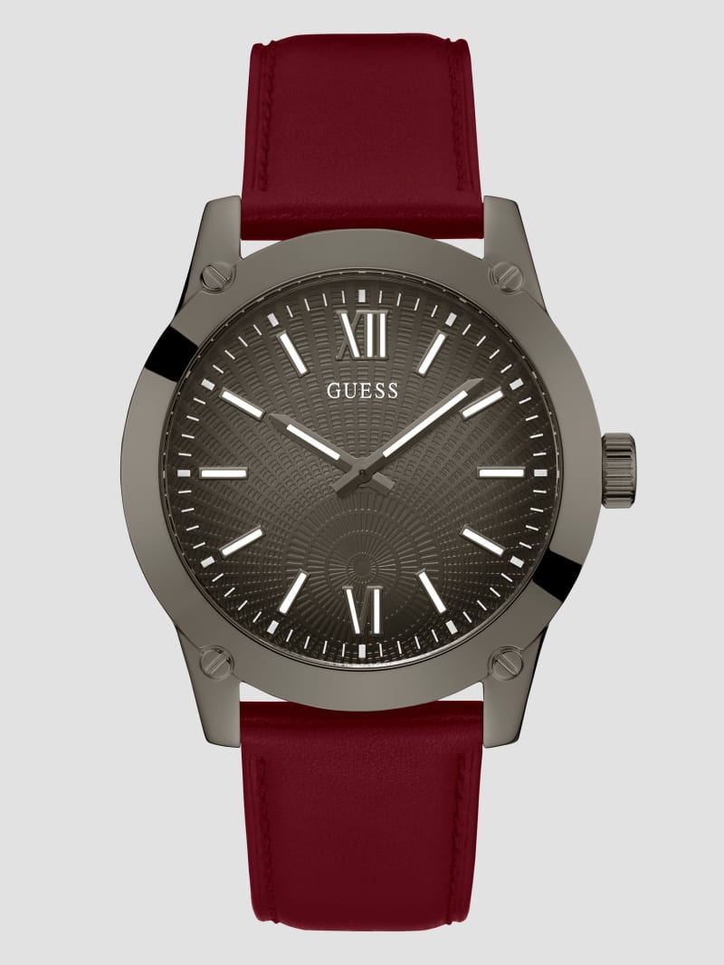 Dark Silver Tone and Burgundy Leather Analog Watch