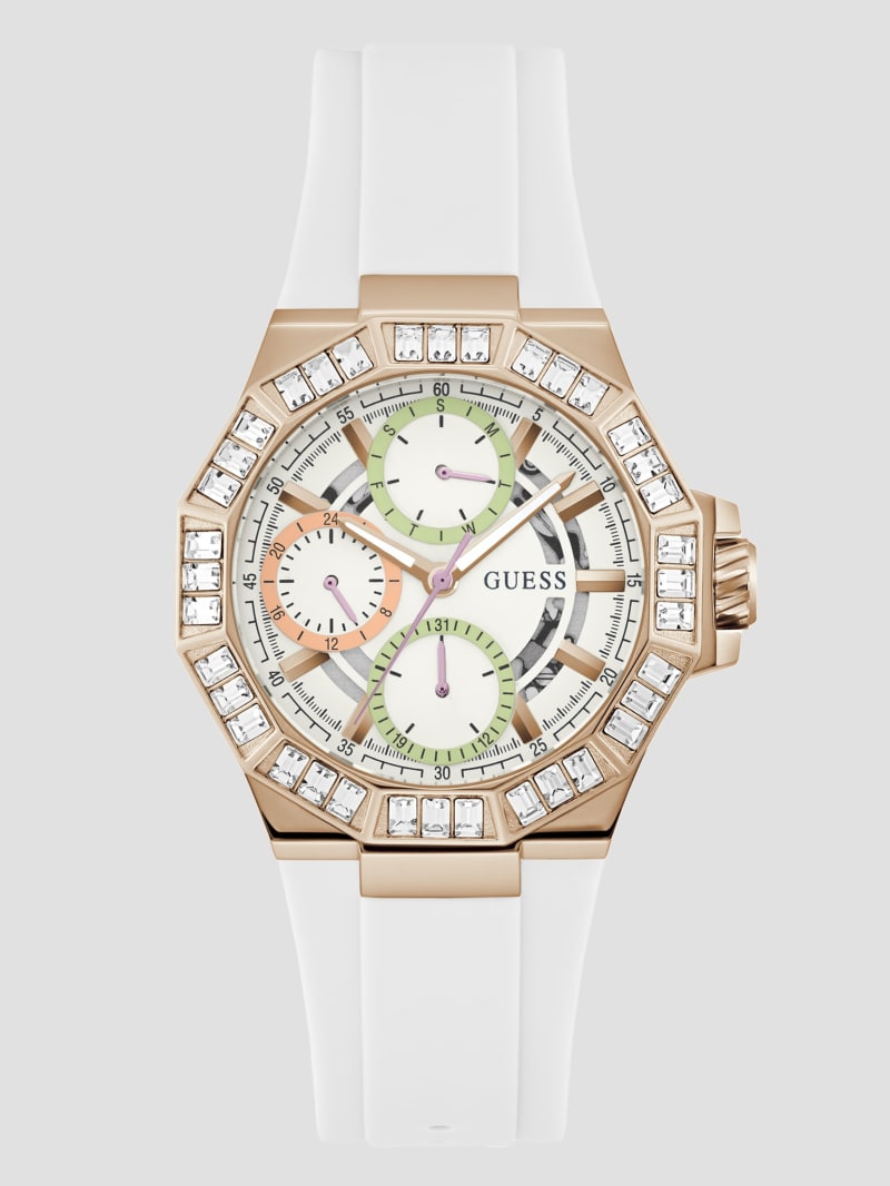 Gold Tone and White Silicone Multifunction Watch GUESS