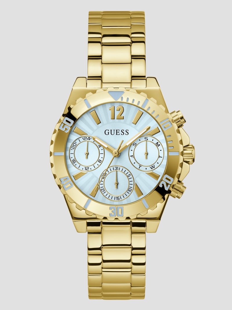 Gold Tone and Light Blue Multifunction Watch