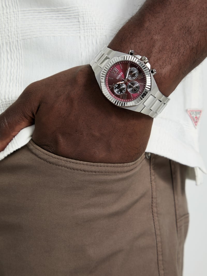 Silver-Tone and Maroon Multifunction Watch