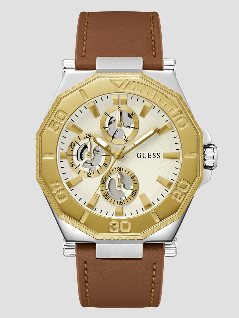 Two Tone and Brown Leather Multifunction Watch GUESS Canada