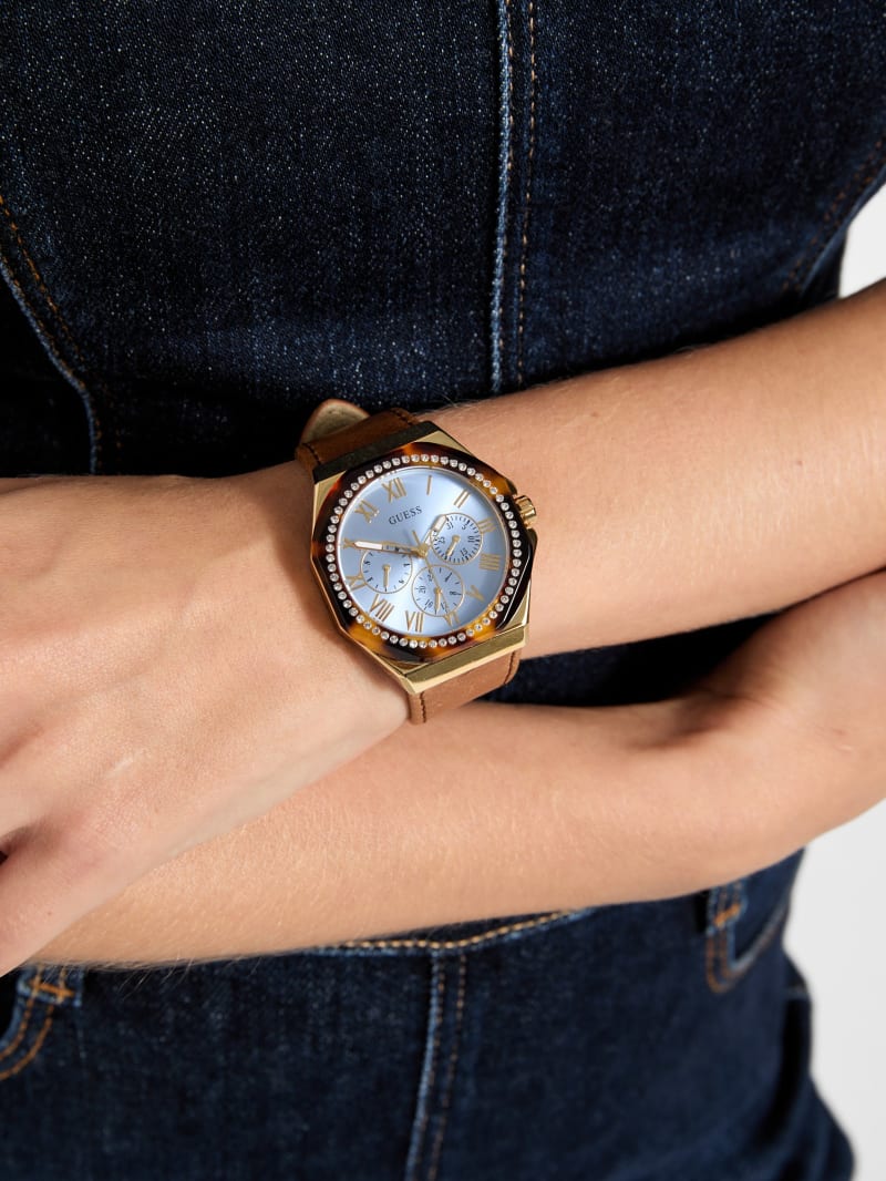 Multi-Tone and Brown Leather Multifunctional Watch