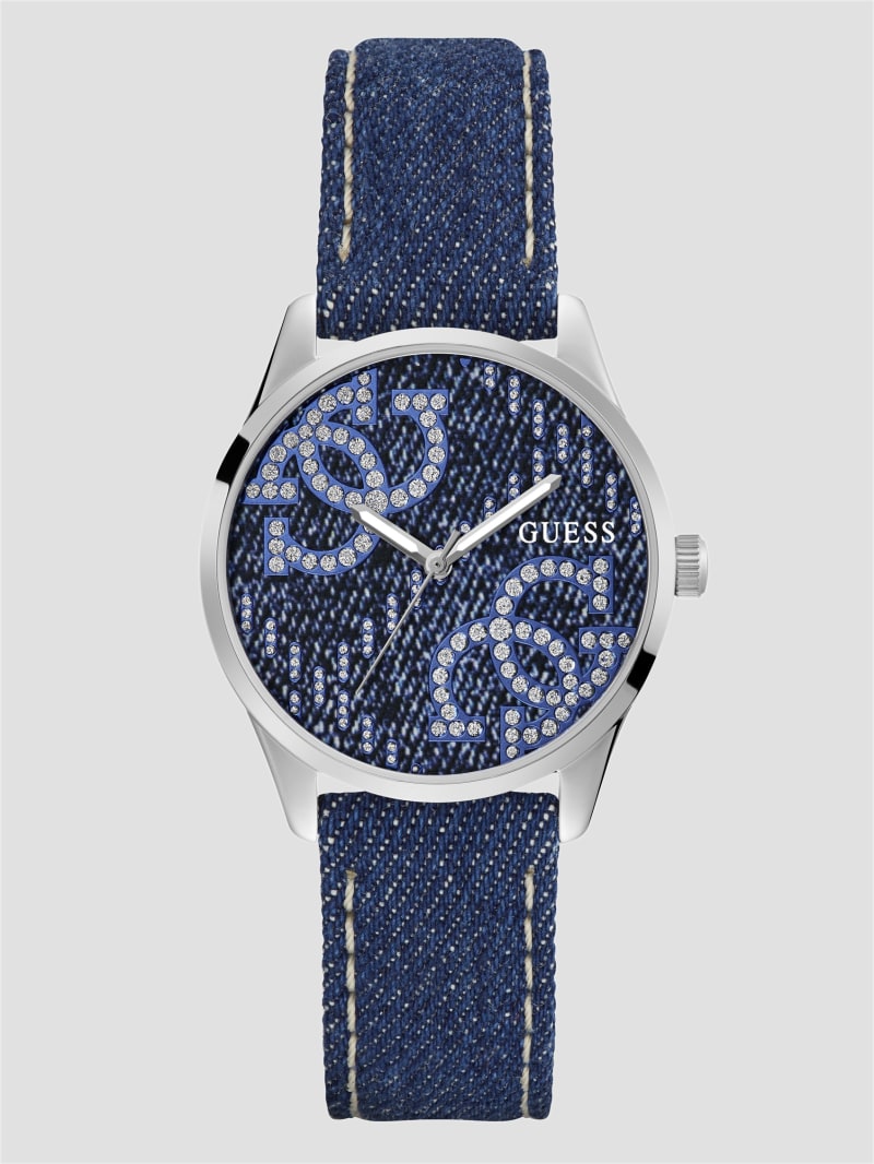 GUESS® Silver-Tone and Denim Quattro G Analog Watch