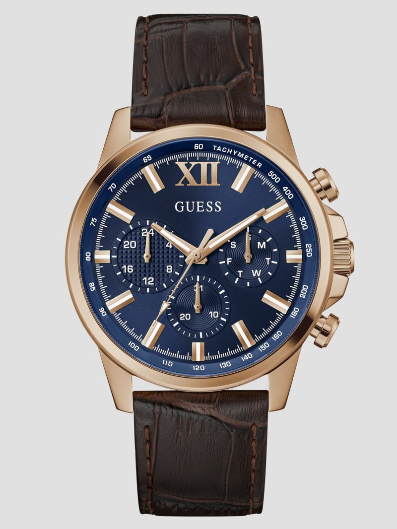 Guess Watch Brown Leather Strap Rose Gold-Tone And Brown Leather