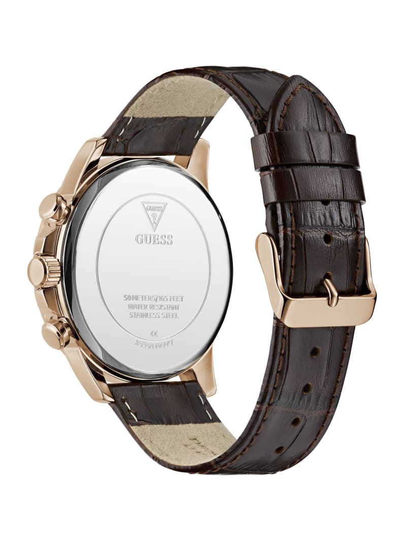 GUESS® Rose Gold-Tone and Brown Leather Multifunction Watch