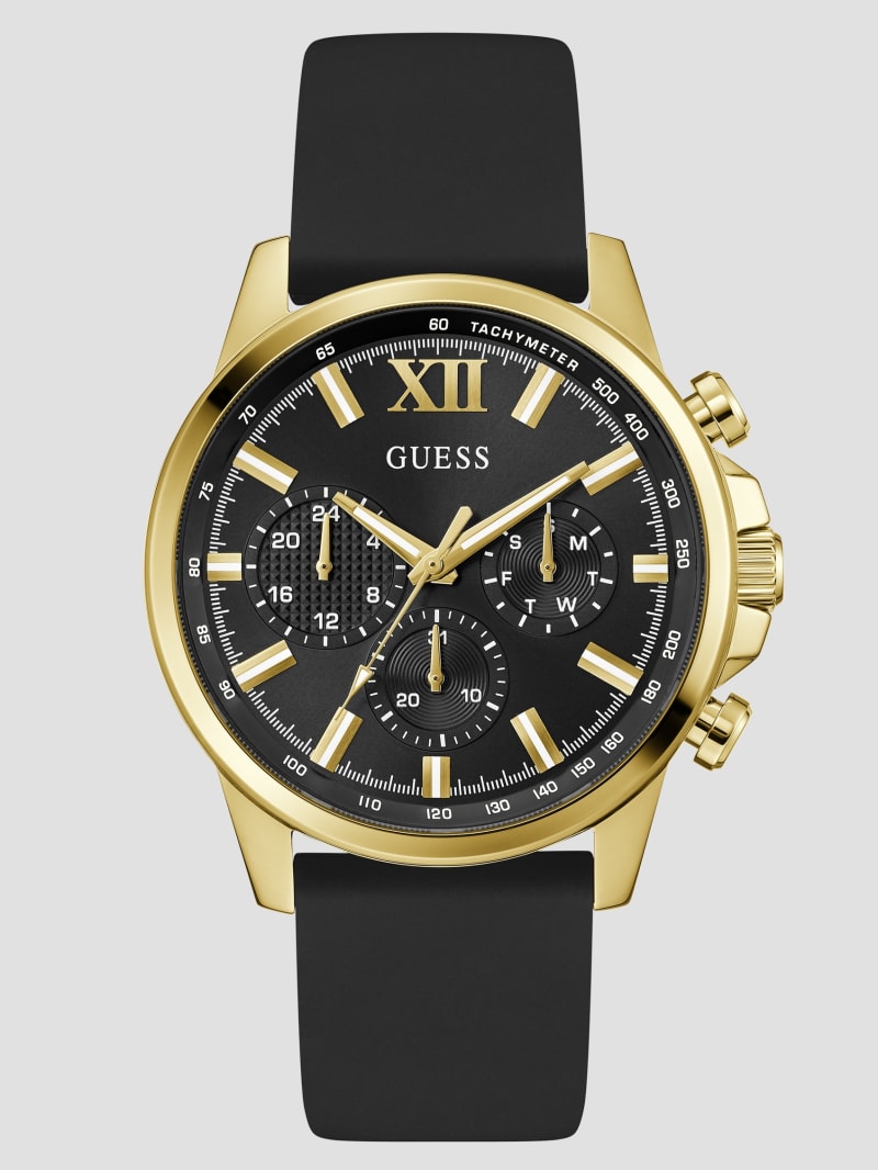 GUESS® Gold-Tone and Black Silicone Multifunction Watch Men