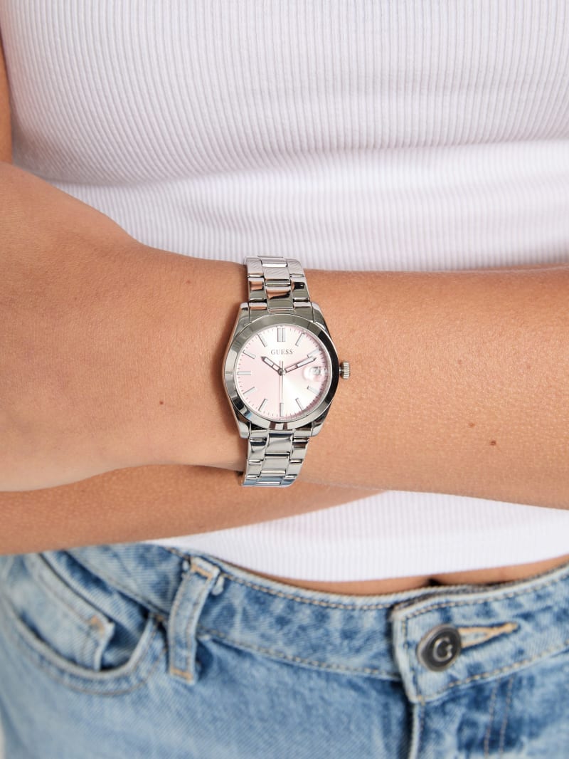 Silver-Tone and Pink Analog Watch