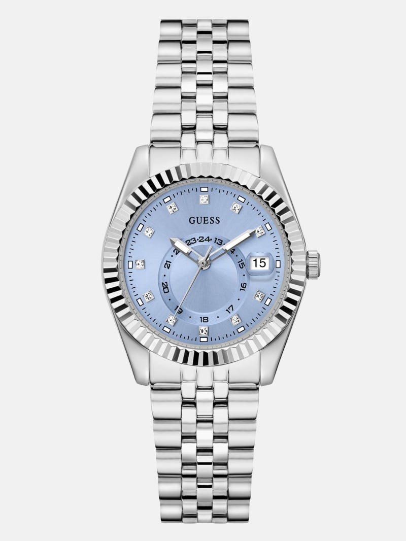 GUESS® Silver-Tone and Blue Multifunction Watch