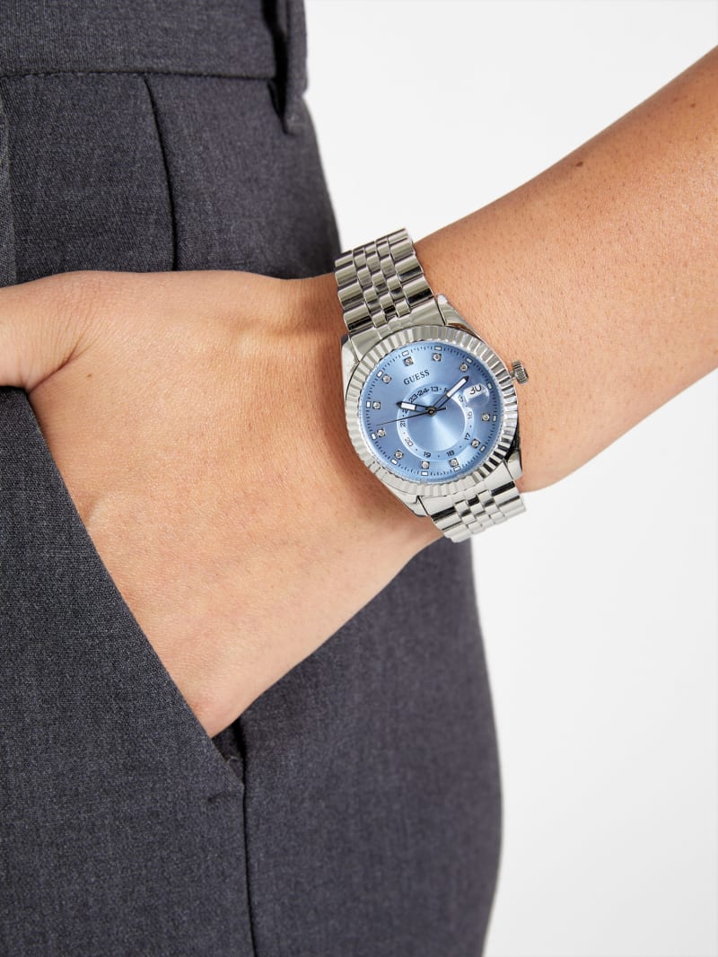Silver-Tone and Blue Multifunction Watch
