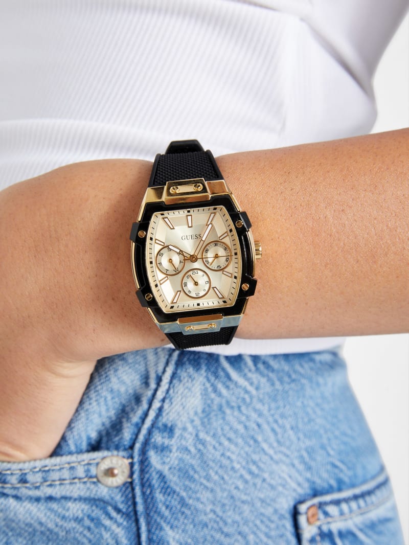 Gold-Tone and Black Silicone Multifunction Watch