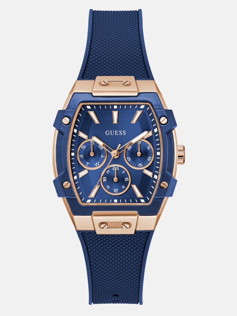 GUESS® Rose Gold-Tone and Blue Silicone Multifunction Watch