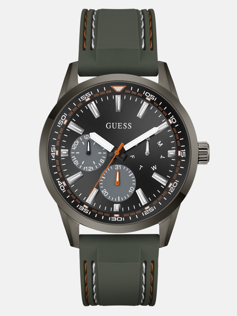 GUESS® Dark Silver-Tone and Green Silicone Multifunction Watch Men