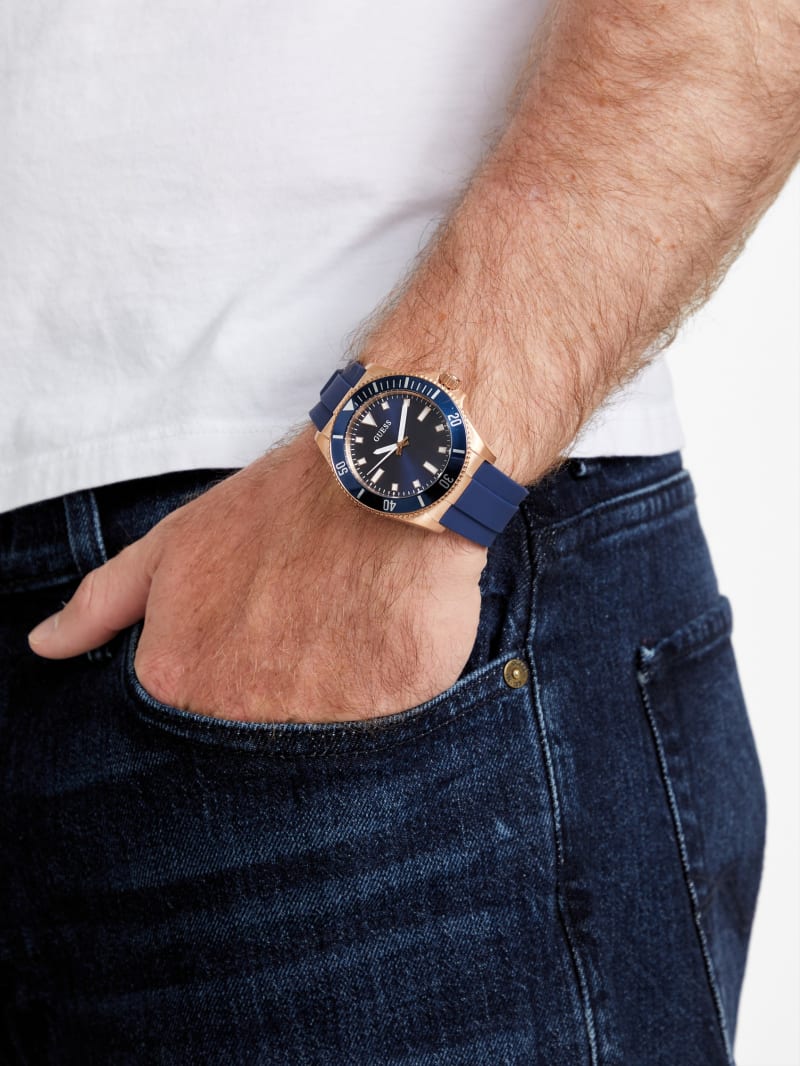 Rose Gold-Tone and Blue Silicone Analog Watch