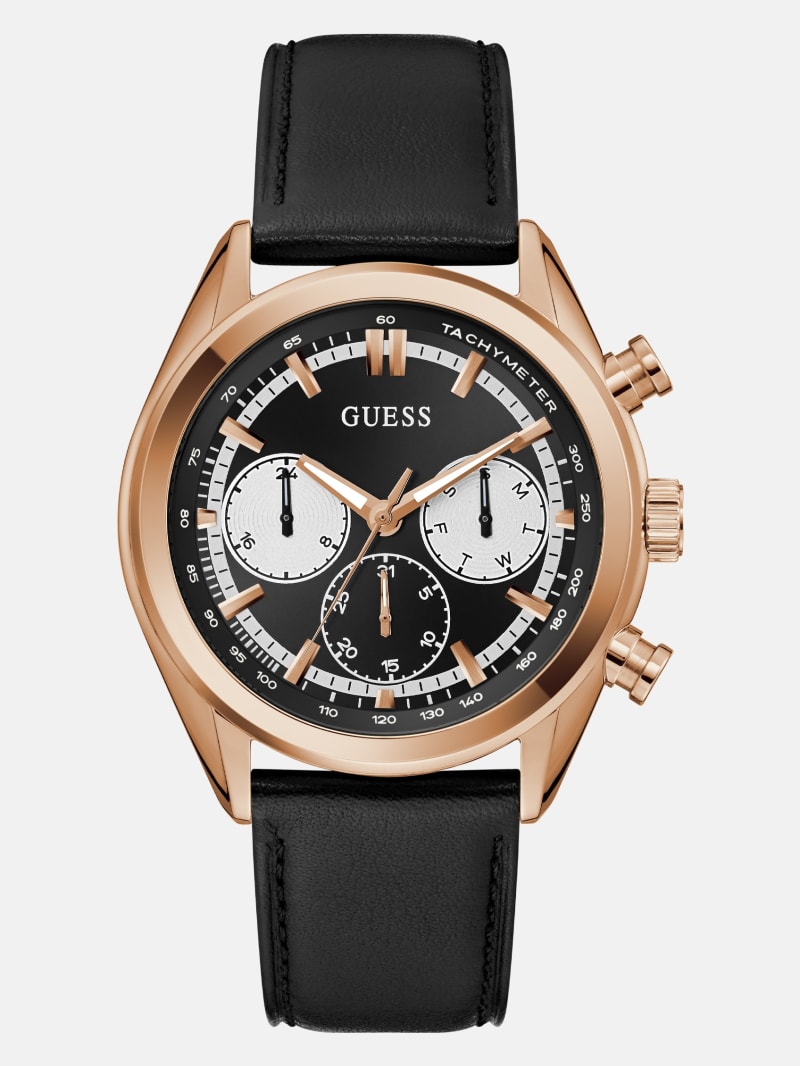 Rose Gold-Tone Multifunction Leather Watch