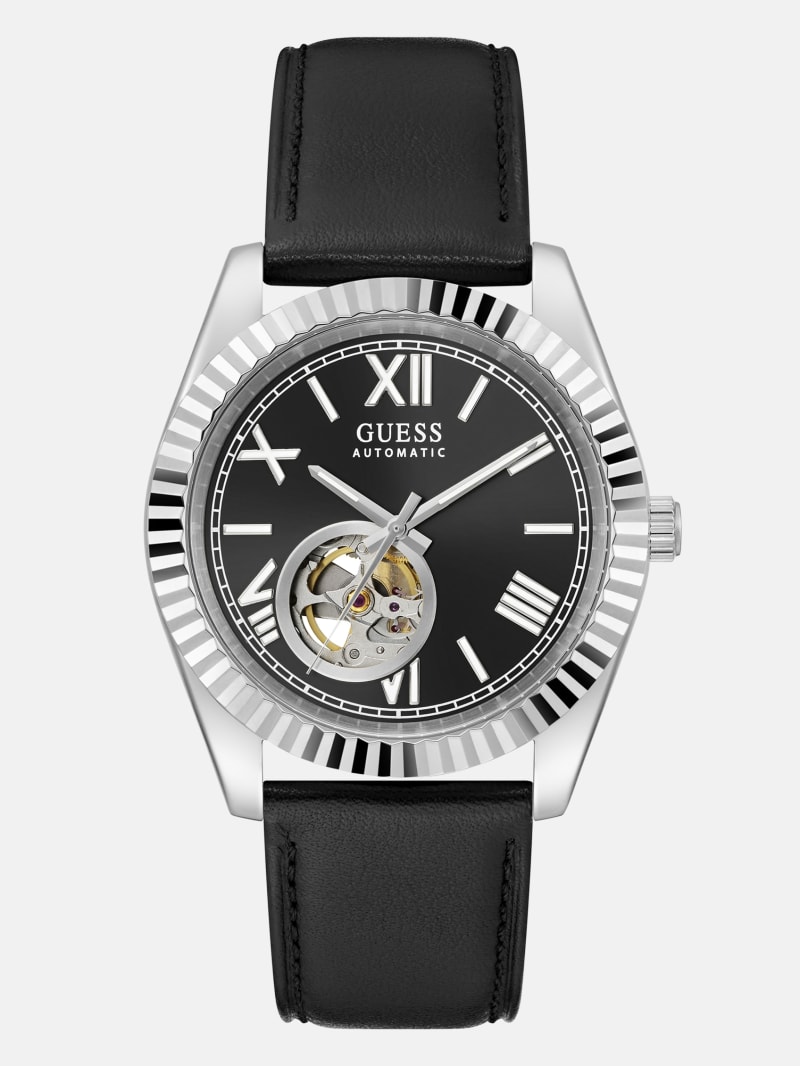 Silver-Tone Analog Leather Watch · Guess