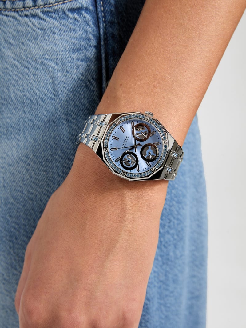 Silver-Tone and Blue Multifunction Watch