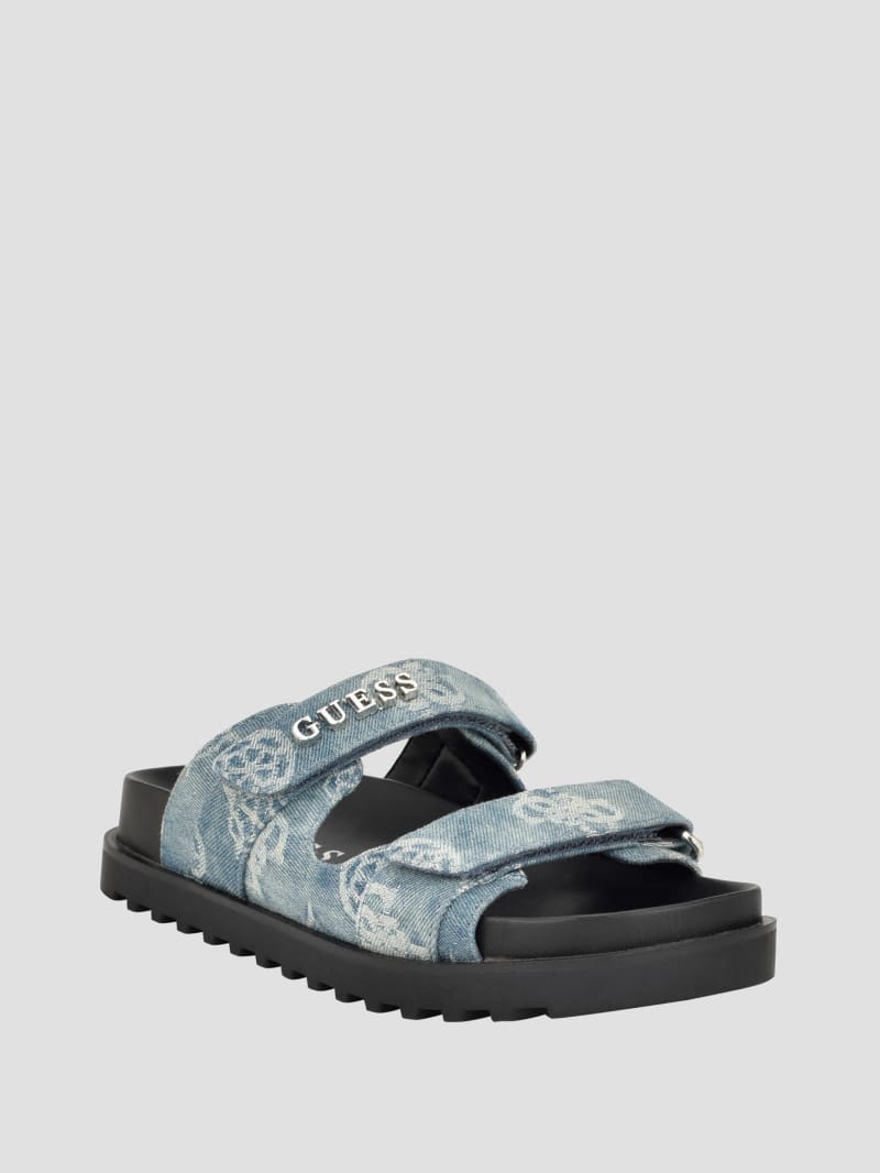 Fabulon Denim Peony Two-Strap Slides | GUESS