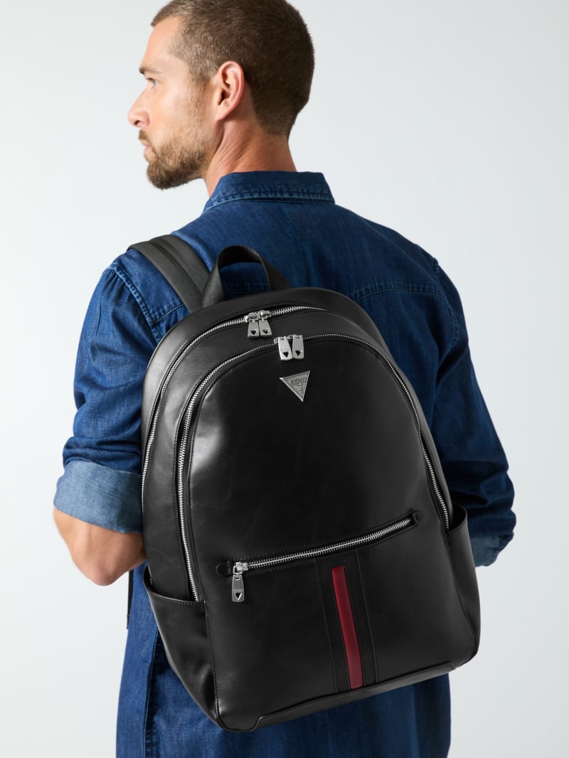 guess kacee mini logo backpack Wrangler Black Cow Print Convertible Leather a tablet pocket for quick access on the go Guess Embossed Backpack