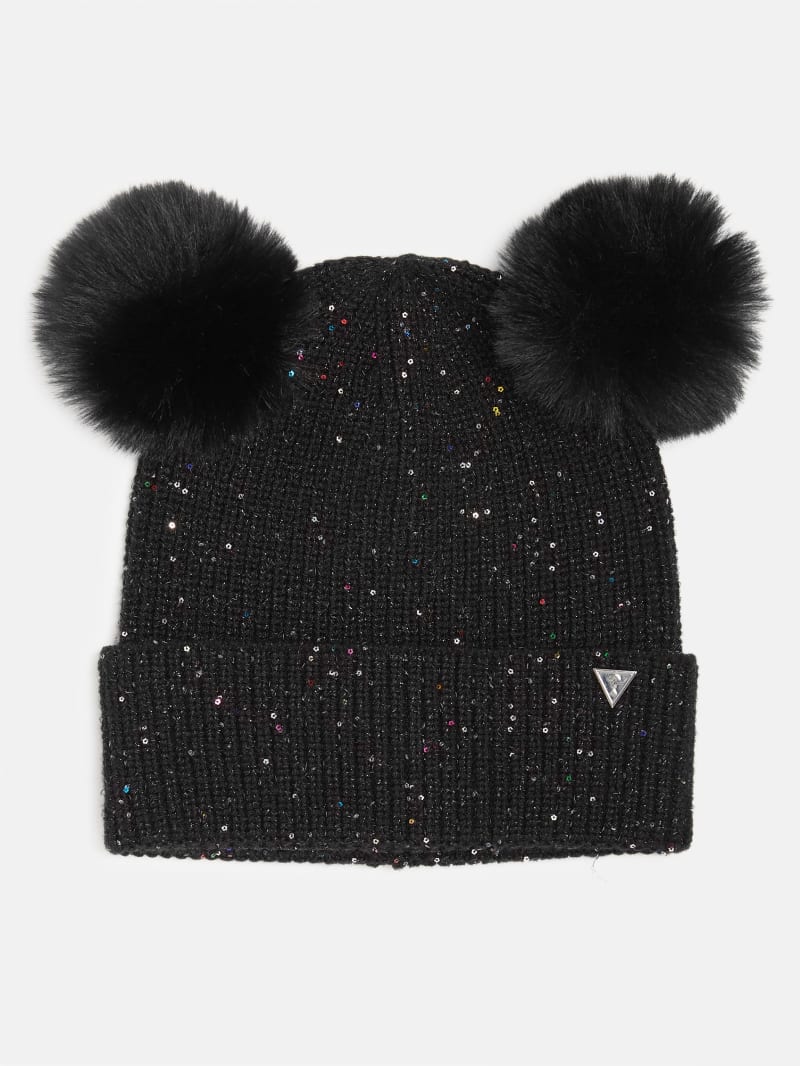 Bonnet a double pompon a paillettes colorees