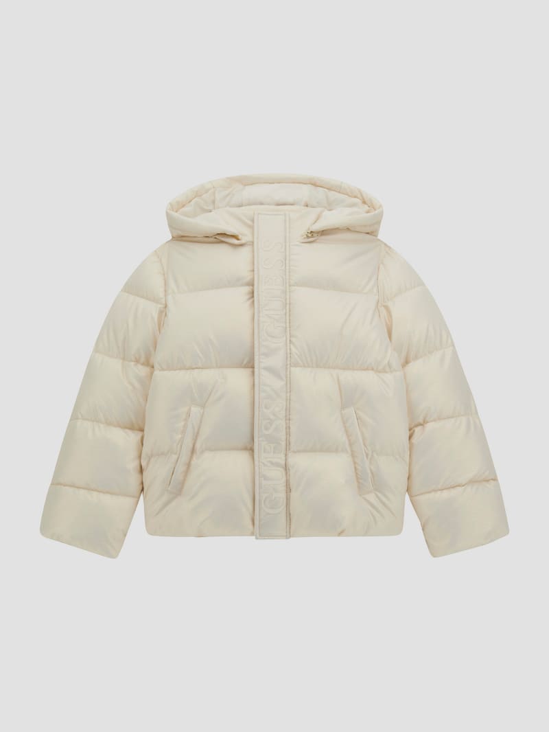 GUESS Shimmer Logo Hooded Puffer Jacket 7 16 White