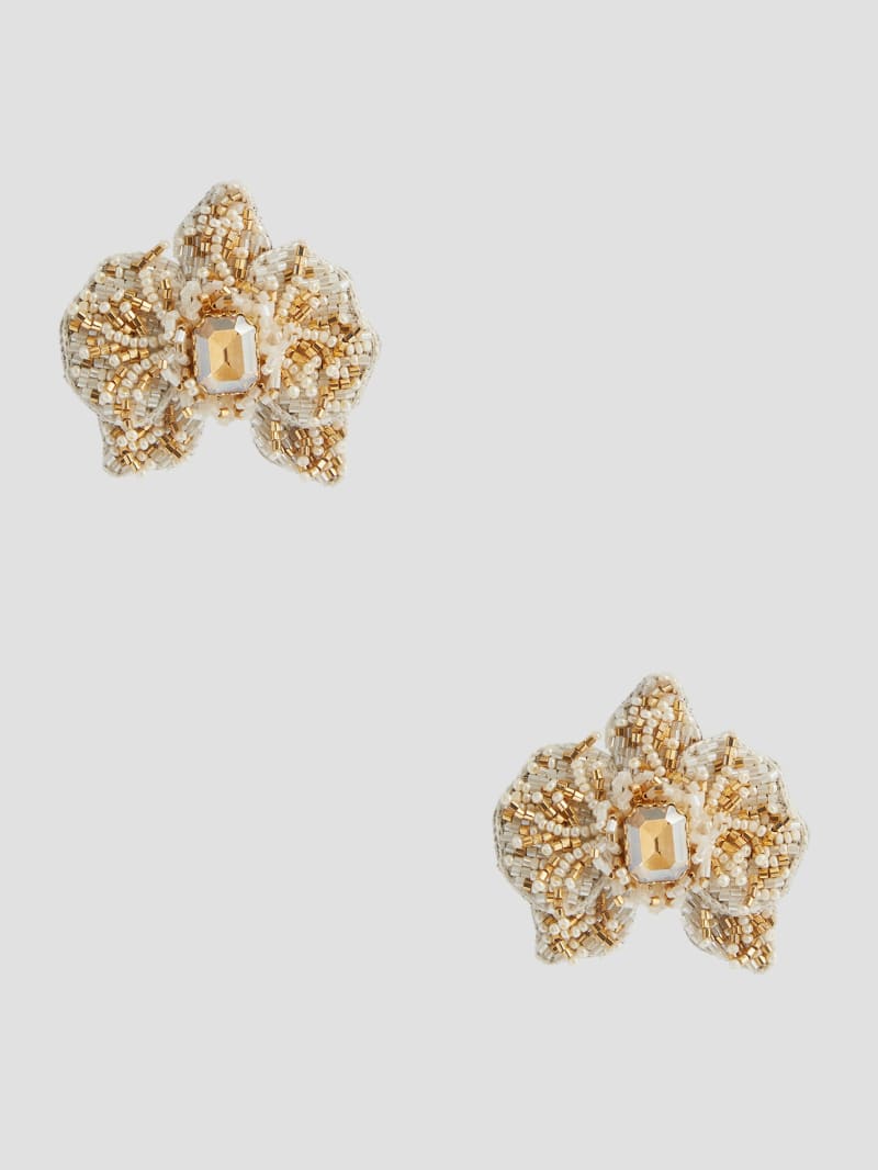 Gold-Tone and White Beaded Orchid Stud Earrings