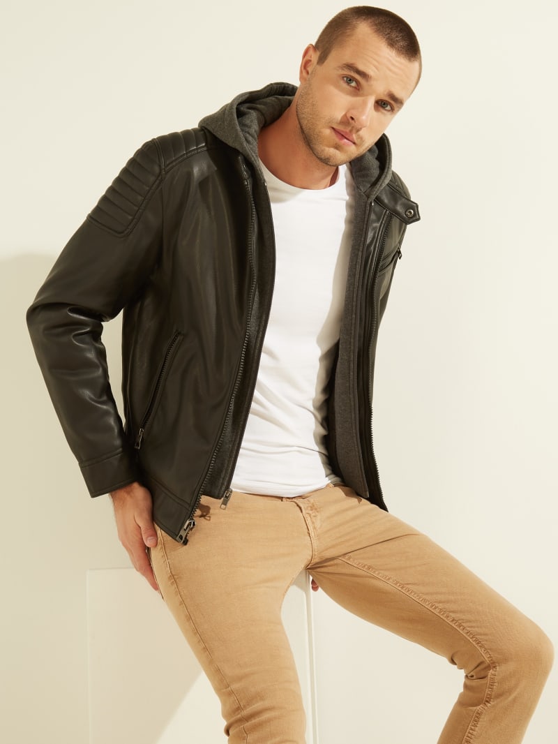 guess leather jacket with hood mens