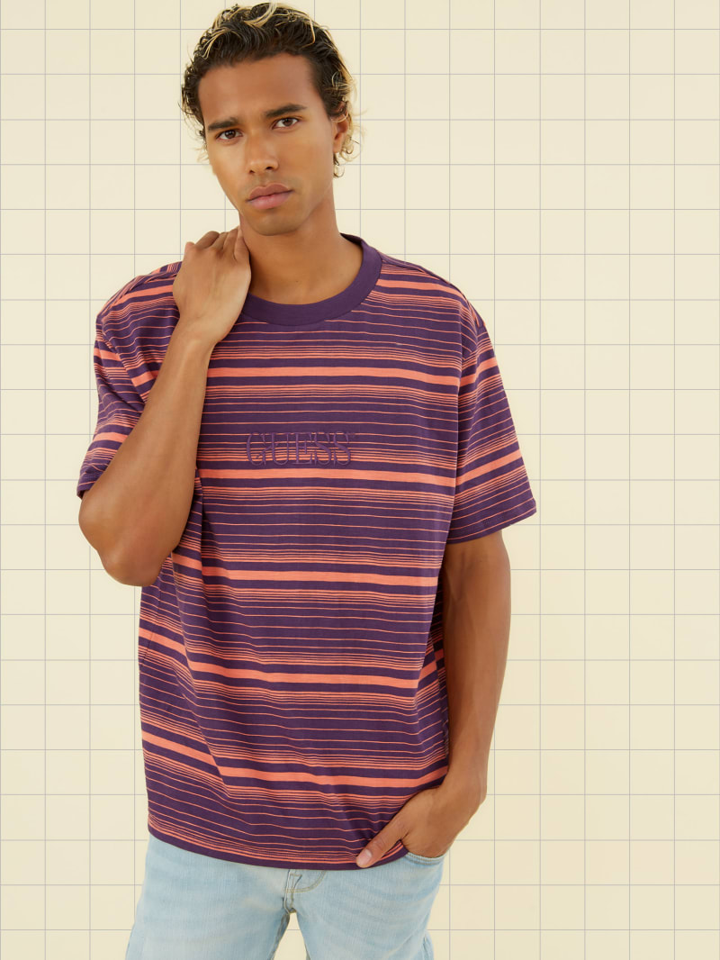 purple and red striped guess shirt