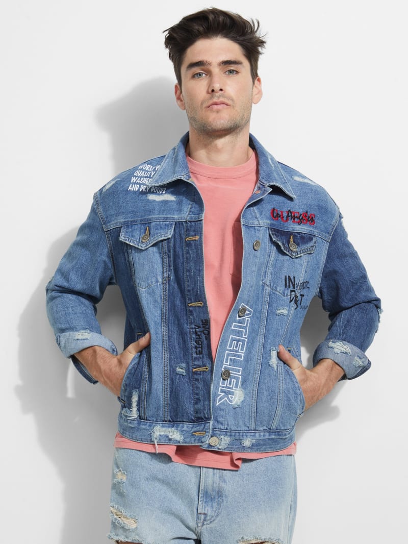 Logo Distressed Denim Jacket Guess