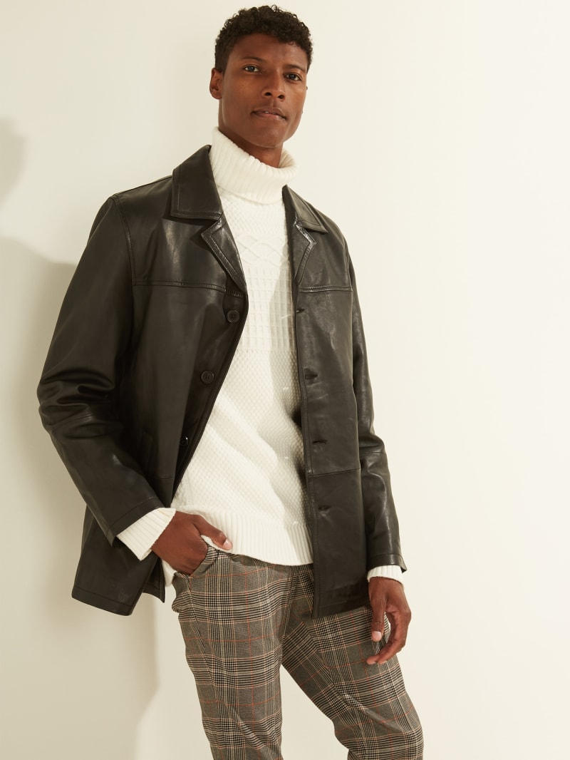 Guess men's leather jacket with hood best sale
