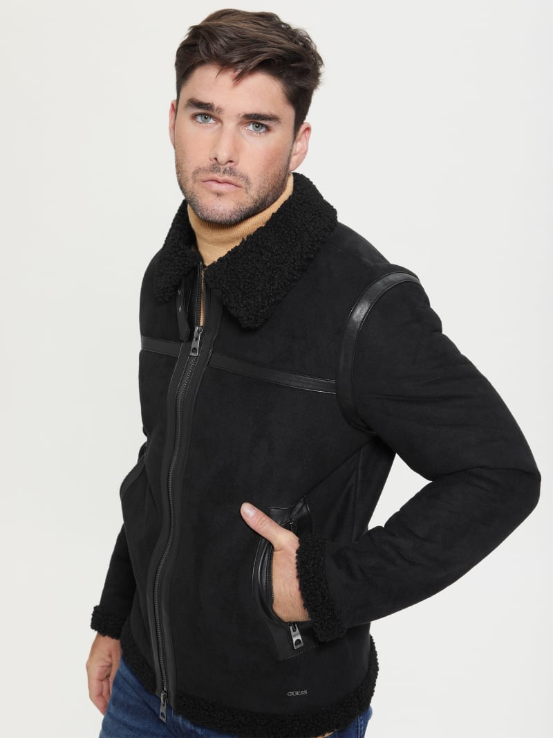 Guess Men's Faux Shearling Moto Jacket - Black - Size M