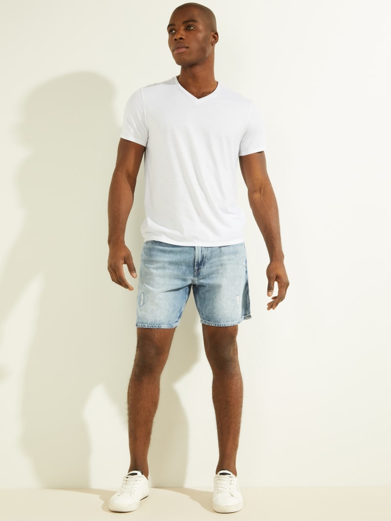 White shirt and jean shorts clearance