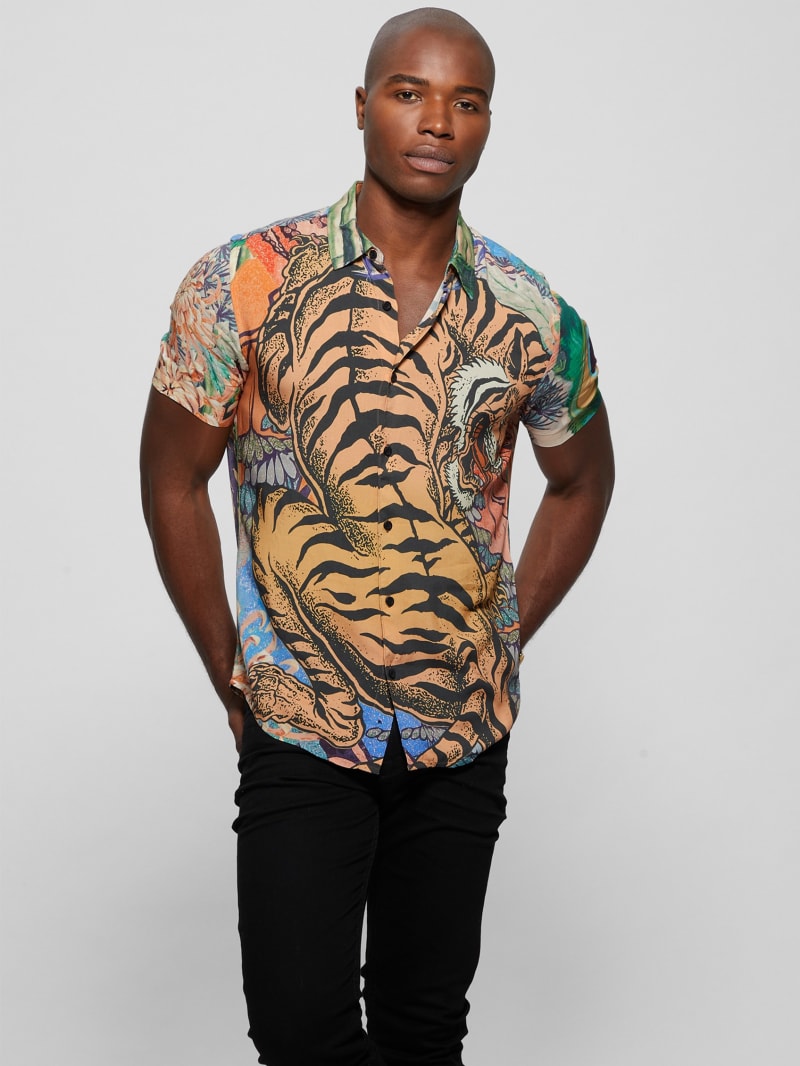 Guess Eco Rayon Bonsai Tiger Shirt - Bonsai Tiger Multi - XS