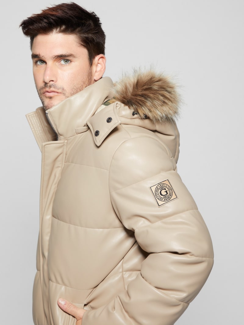 Faux-Leather Hooded Puffer Jacket | GUESS Canada