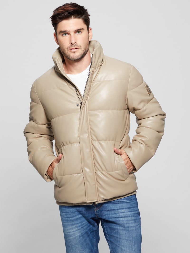 Faux Leather Hooded Puffer Jacket GUESS Canada