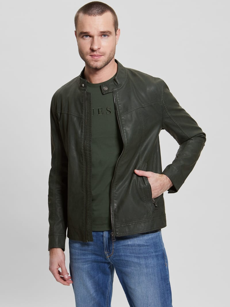 Guess green leather jacket hot sale