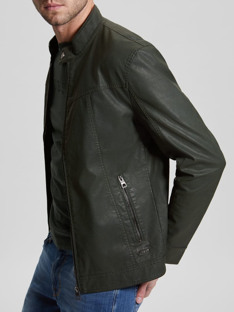 Guess green leather jacket new arrivals