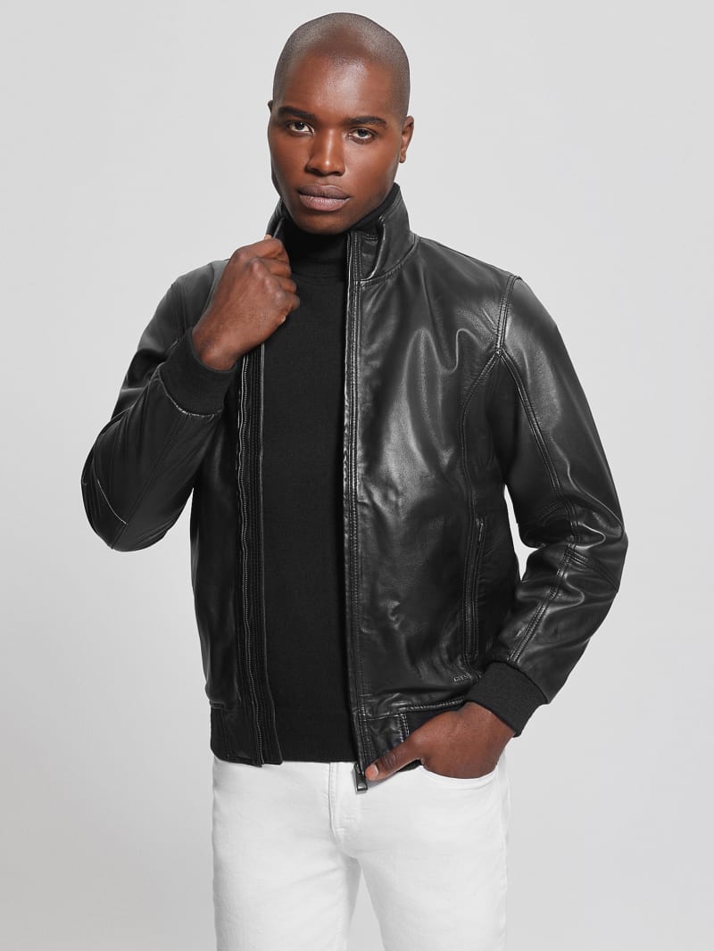 Black leather guess jacket hotsell