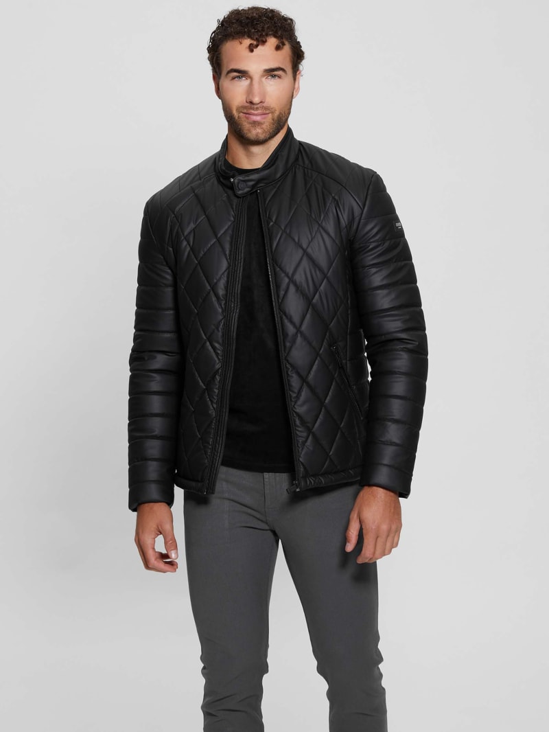 Diamond quilted jacket top with faux leather trim