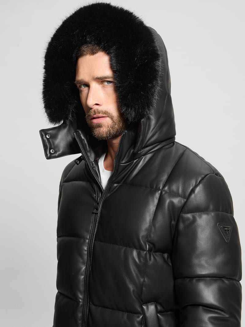 Faux-Leather Stretch Puffa Jacket | GUESS
