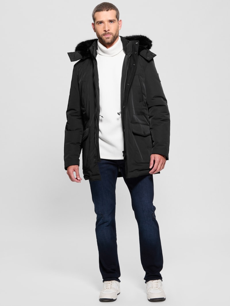 Guess men's long parka with removable fur deals