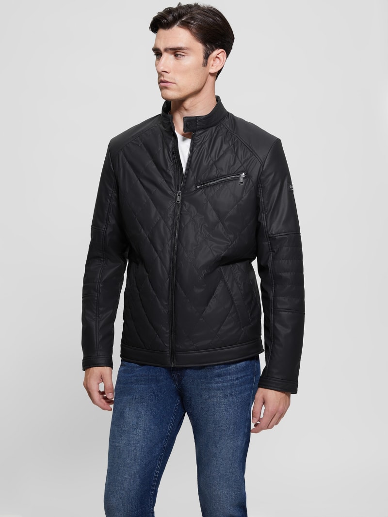 Black leather quilted biker jacket outlet