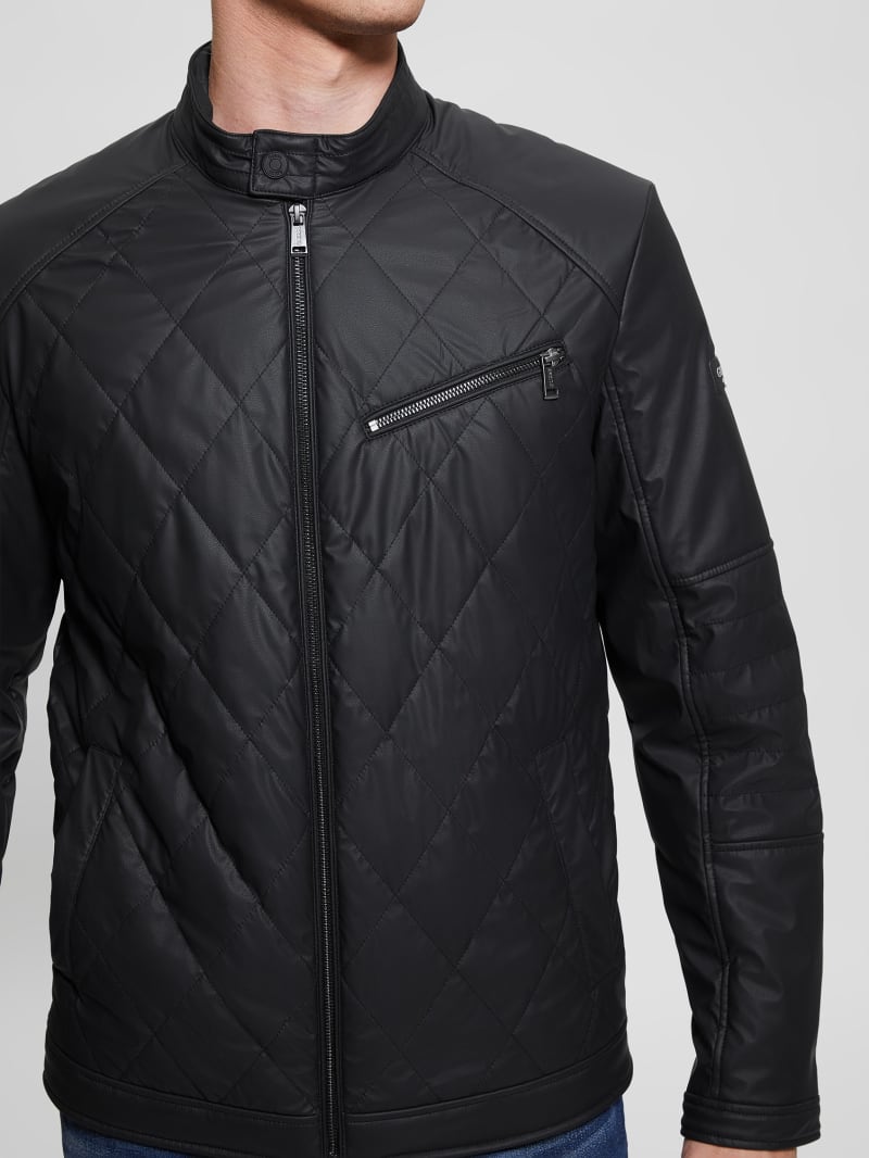 Black quilted faux leather biker jacket top