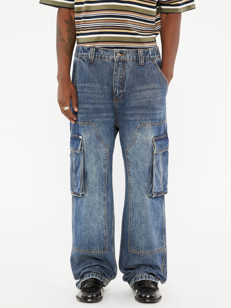【Anyone more】24SS★ [A/M] Hass Blue Cargo Denim Wide Pt Women's High-Rise Denim Cargo Pants - Ava & Viv™ Medium Wash