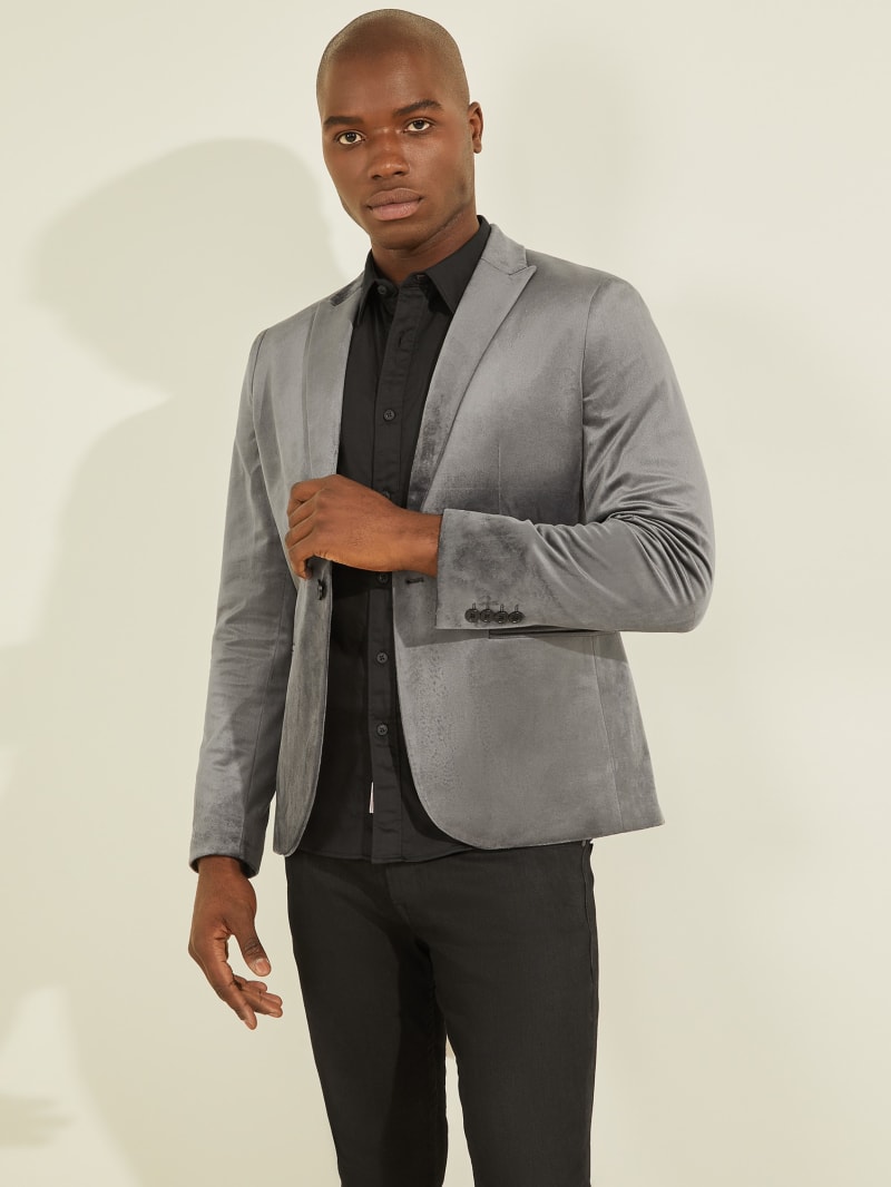 Slim Solid Gray Velvet Tuxedo Blazer