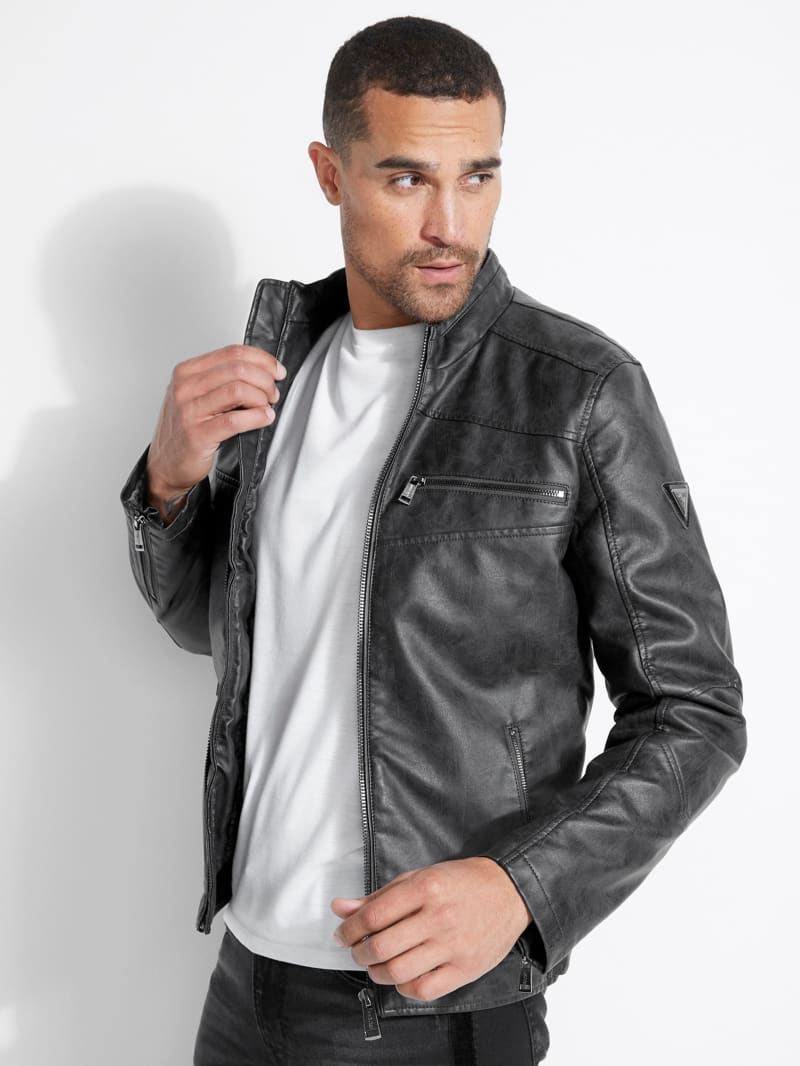 guess black and white leather jacket