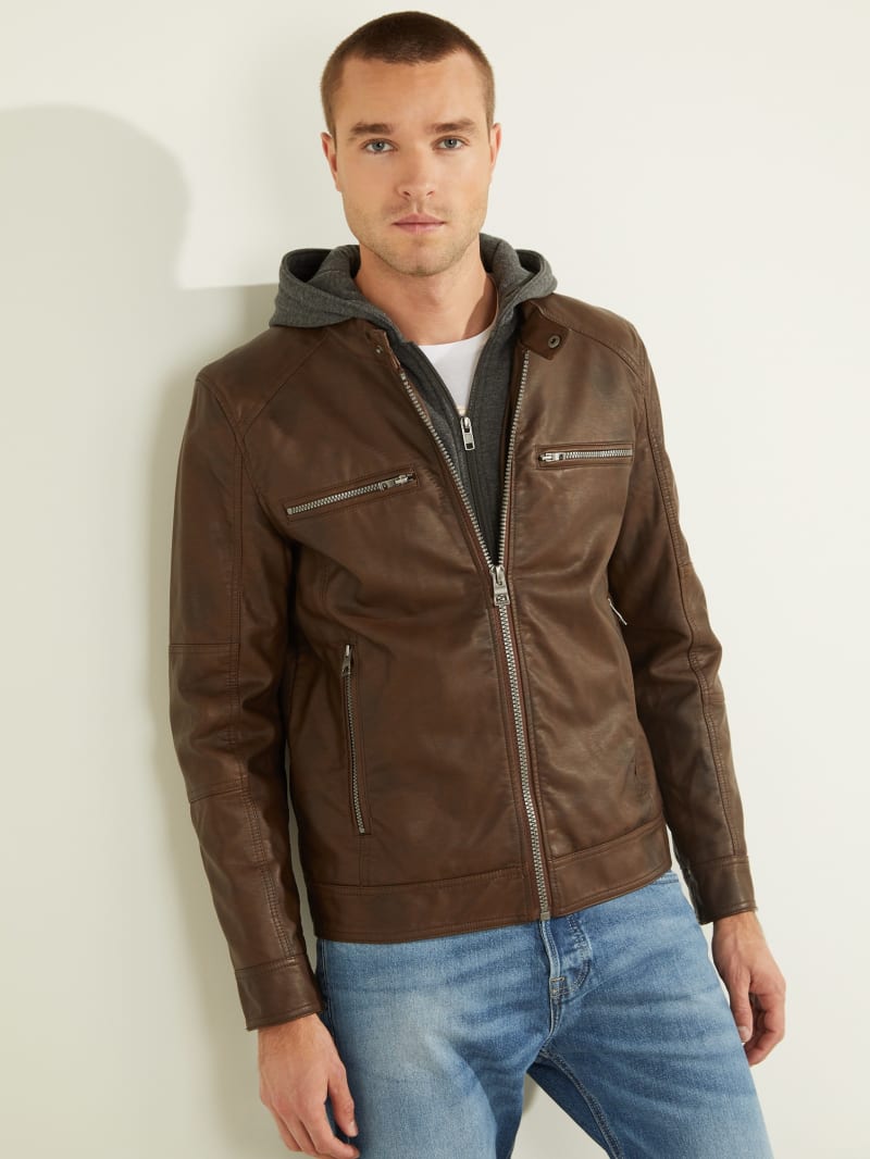 Guess brown leather jacket mens